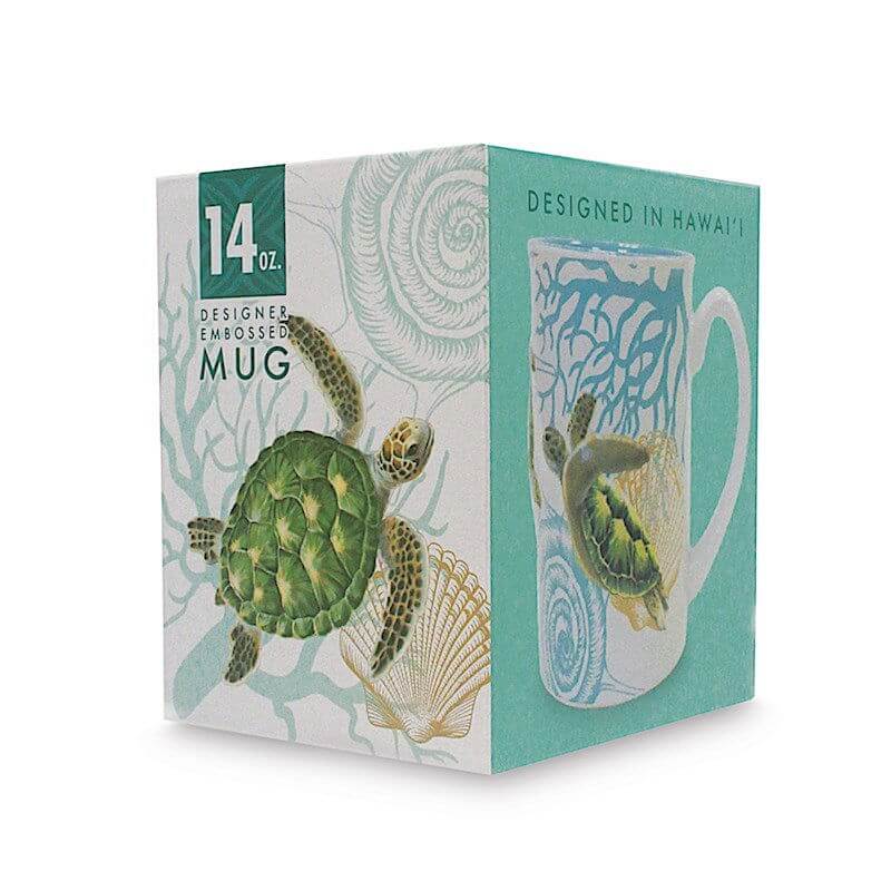Embossed 14 oz. Mug with Honu Voyage design, a beautiful addition to your kitchen or perfect for gifting.
