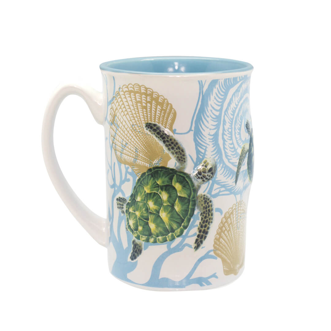 14 oz. Embossed Mug featuring the Honu Voyage design, perfect for enjoying your favorite drinks with a tropical vibe.