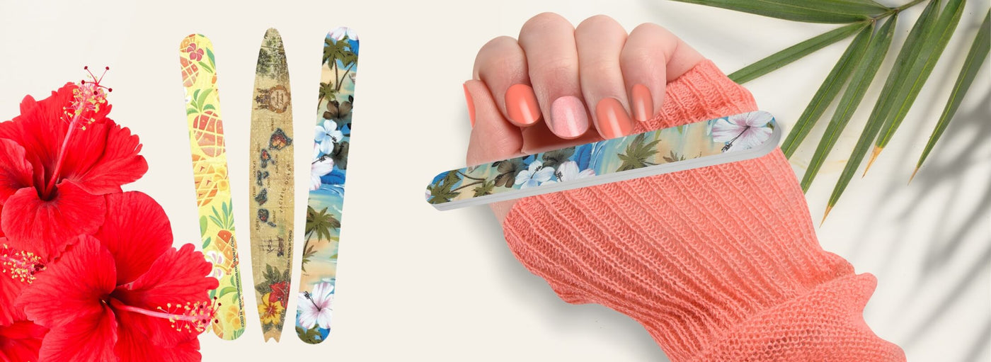 Banner with tropical plants and flowers, a woman's hand with orange nails and sweater. Hawaii emery boards.