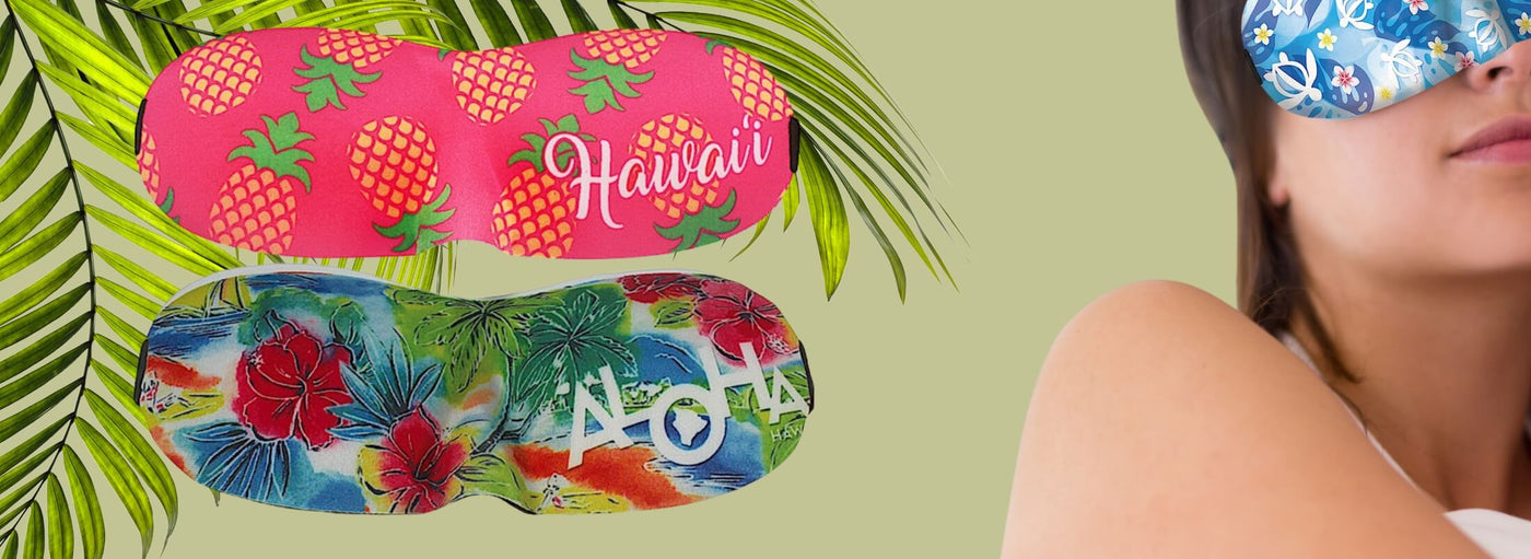 Island Heritage's Hawaii-inspired eye masks collection banner, featuring tropical designs for a restful escape with aloha