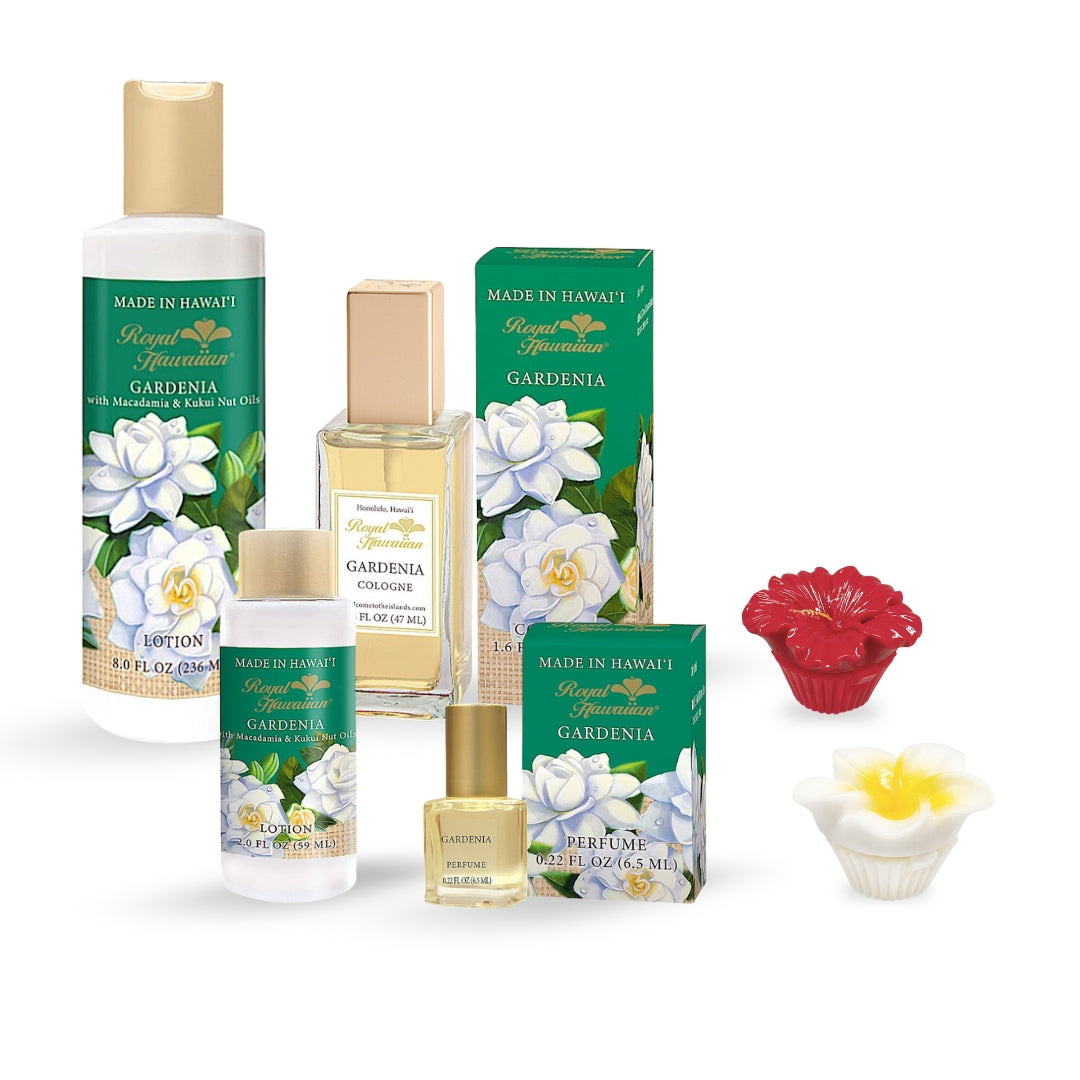 Gardenia Cologne, Lotion, and Lip Gloss Gift Bundle featuring a fragrant collection of beauty essentials with a soothing gardenia scent, perfect for gifting.