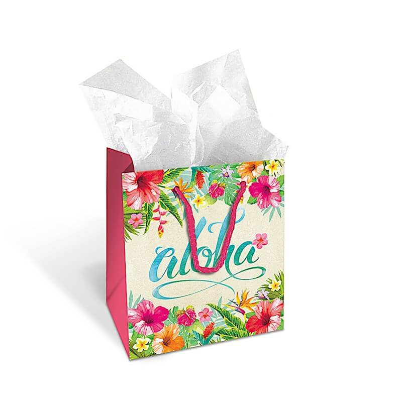 Gift Bag with Aloha Floral design, featuring bold hibiscus and tropical leaves for festive island-style gifting.