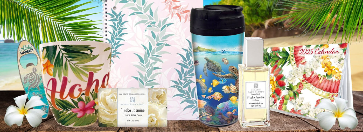 Banner with tropical plants and flowers, beach, Hawaii aloha mug, turtle tumbler, perfume, 2025 calendar, bottle opener, soap.