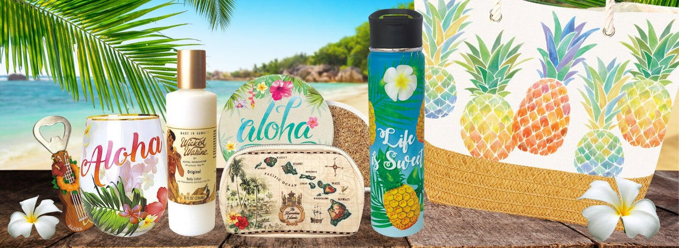 Banner with tropical plants and flowers, island, beach, Hawaii pineapple tote, water bottle, lotion, aloha cup, ukulele bottle opener, islands map bag.