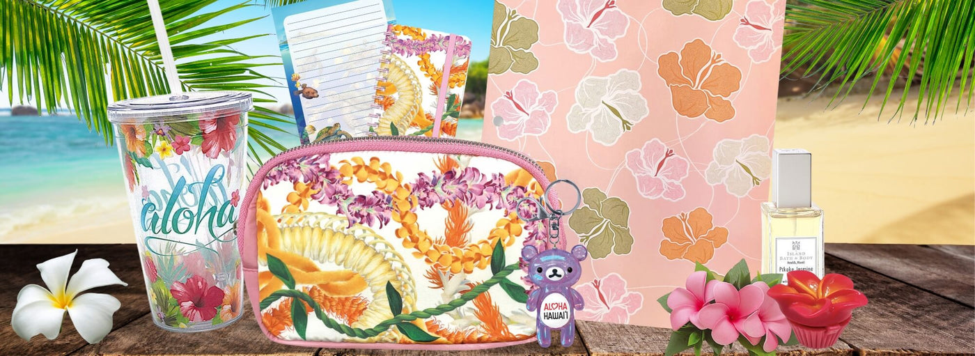 Banner with tropical plants and flowers, Hawaii aloha cup, lei bag, perfume, lip gloss, note pad, notebook, folder.