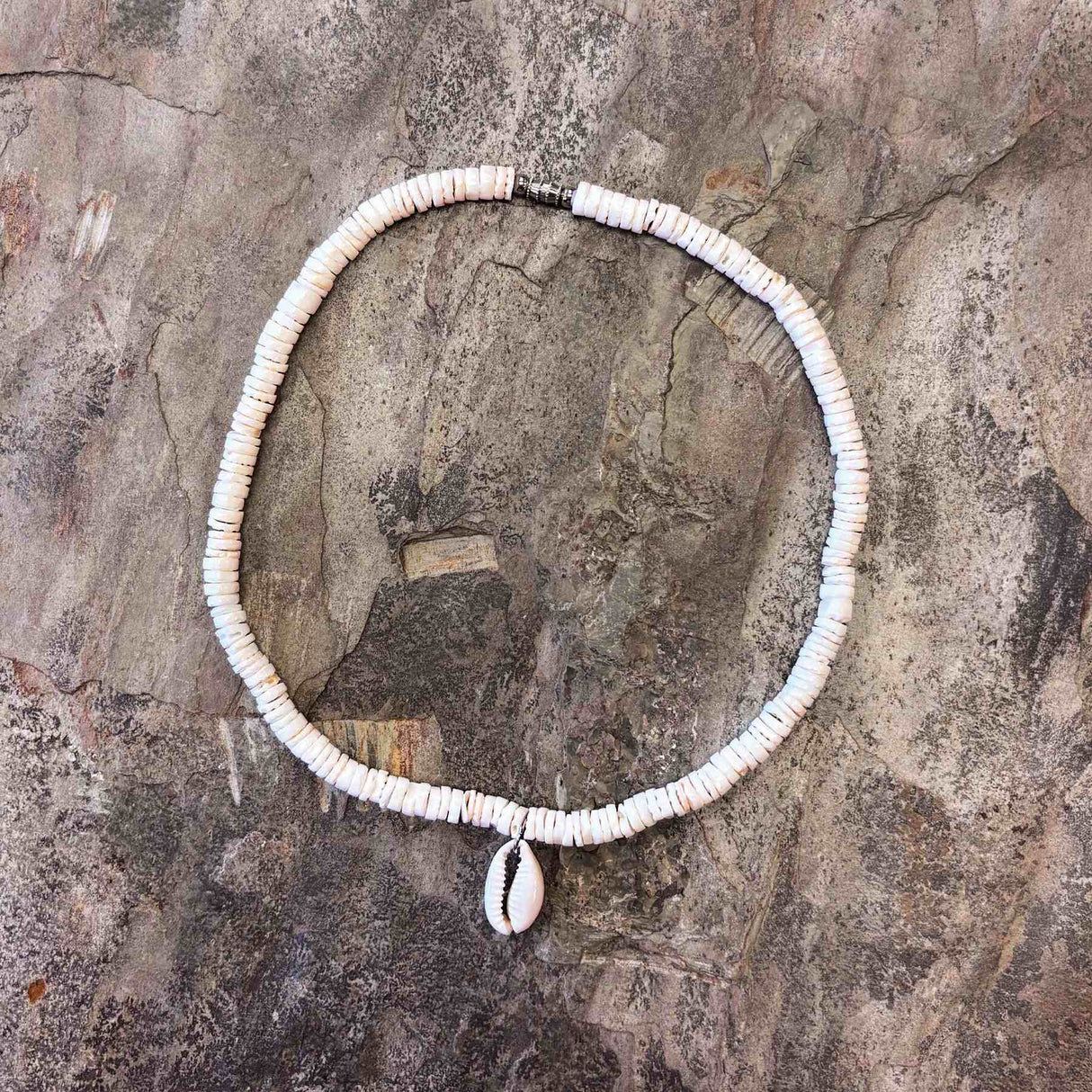 White clam and cowrie shell necklace inspired by traditional Hawaiian jewelry