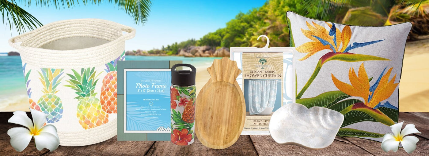 Banner with tropical background, Hawaii floral pillow, pineapples woven basket, shower curtain, water bottle, photo frame