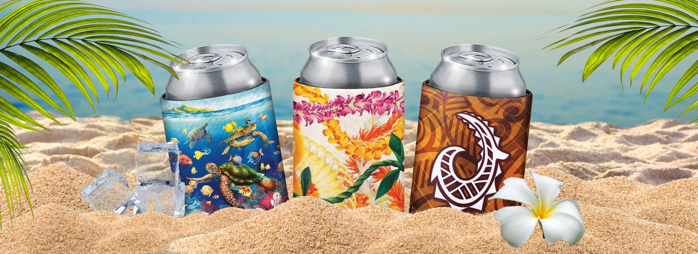 banner with three cans with can coolers on the beach