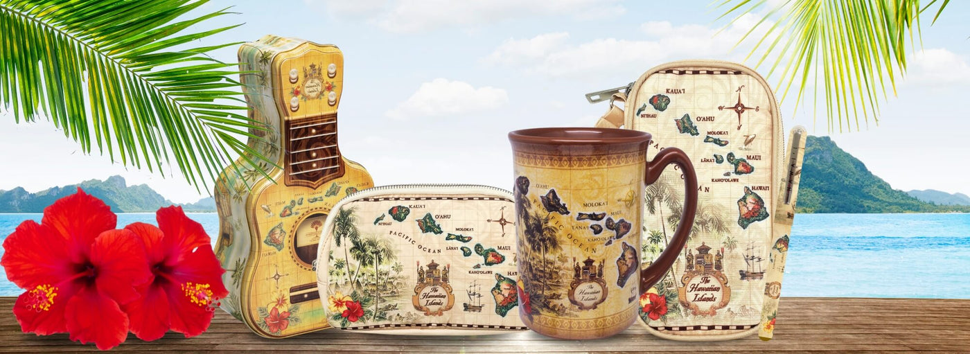 Banner with tropical plants and flowers, island, ocean, Hawaii ukulele tin, map mug, map bags.