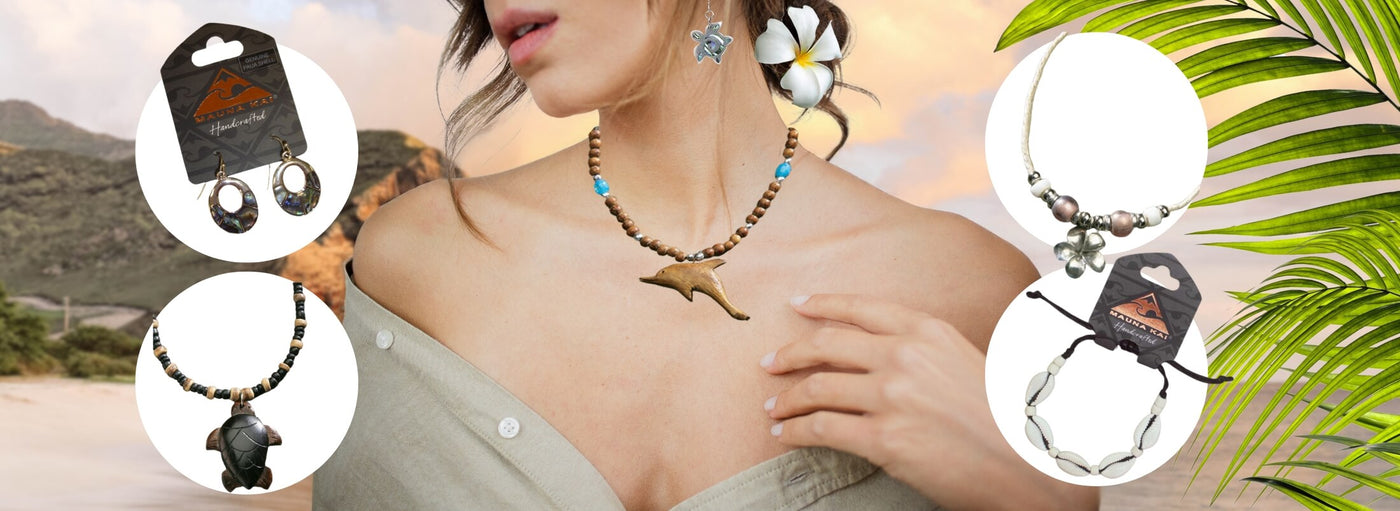 banner with mountain, palm leaves and sky in the background. four white circles displaying earrings, bracelets and other jewelry. Woman wearing a necklace.