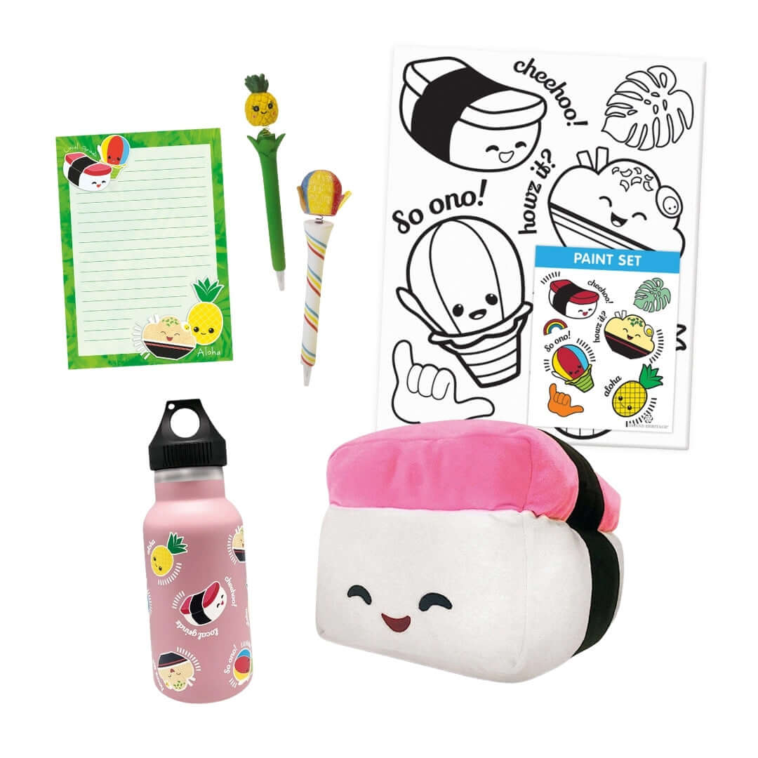 Island-Heritage Keiki Spring Gift Bundle featuring playful spring-themed accessories with a vibrant pink flask, perfect for keeping kids refreshed."