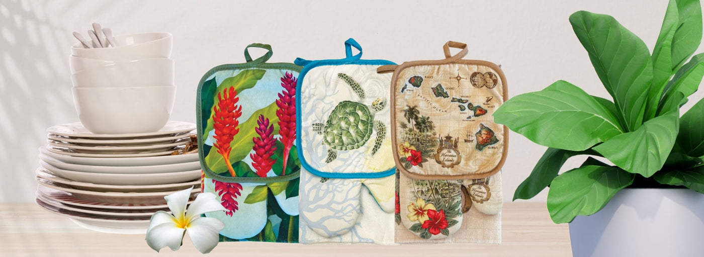 banner of three sets of kitchen collections. oven mitts, towel, plant, dishes.