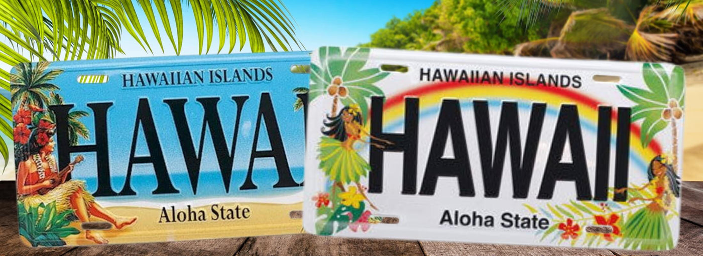 Explore Island Heritage's License Plates Collection banner, featuring tropical and Hawaii-inspired designs perfect for adding a personal touch to your car