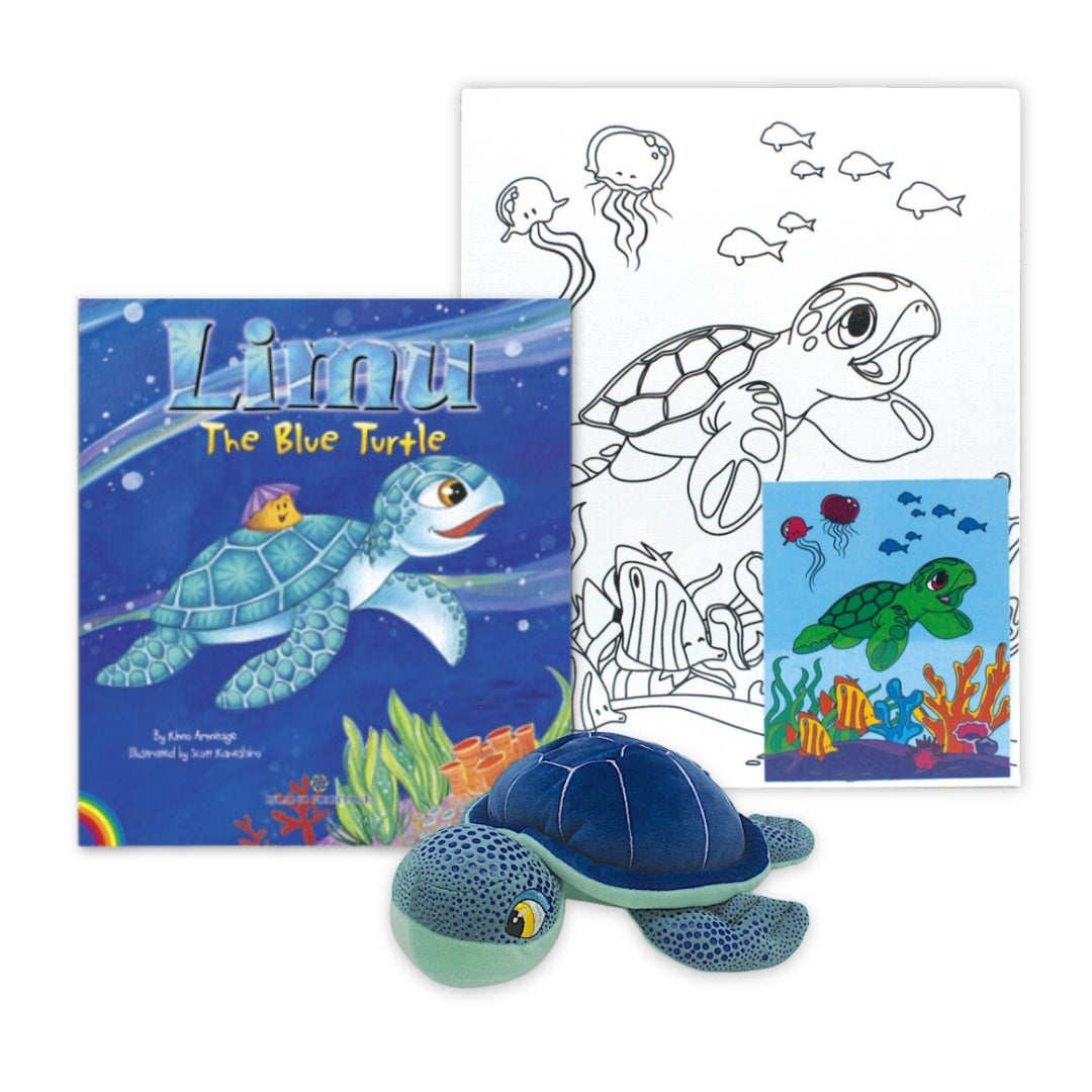 Limu the Blue Turtle Children's Book and Toys Gift Bundle featuring a captivating storybook about Limu the turtle, accompanied by toys to bring the adventure to life.