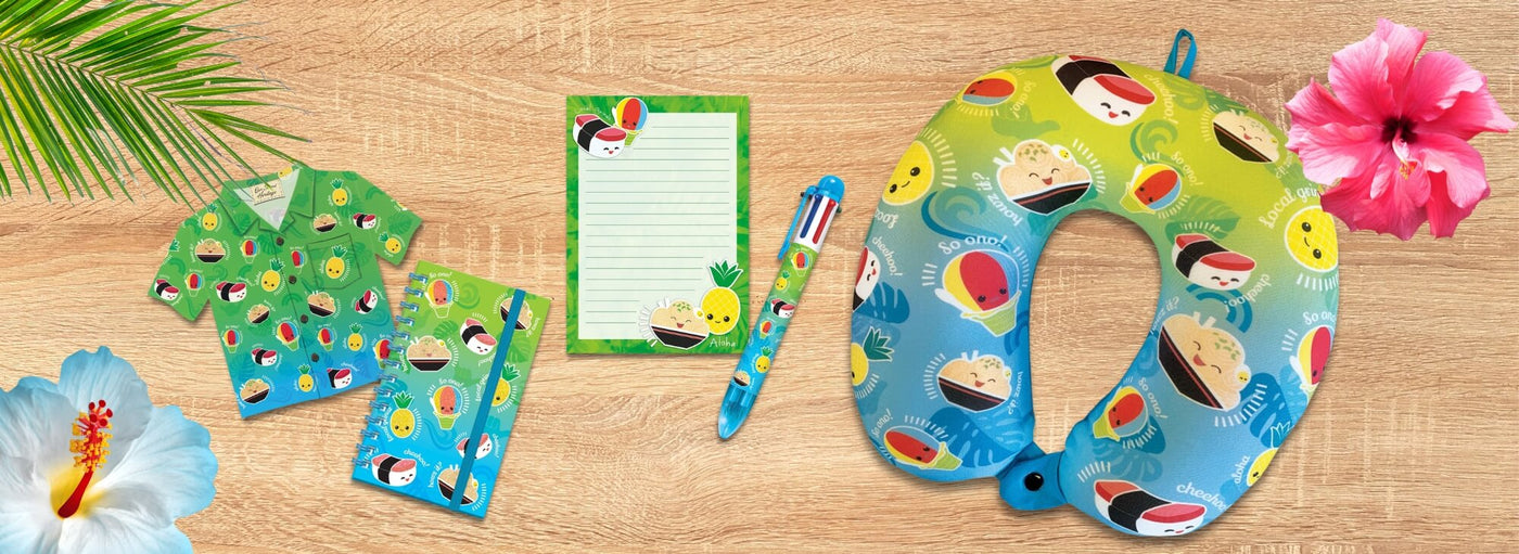 Banner with tropical plants and flowers, wood background, Hawaii cartoon food neck pillow, note pad, note book, Hawaiian shirt and pen.