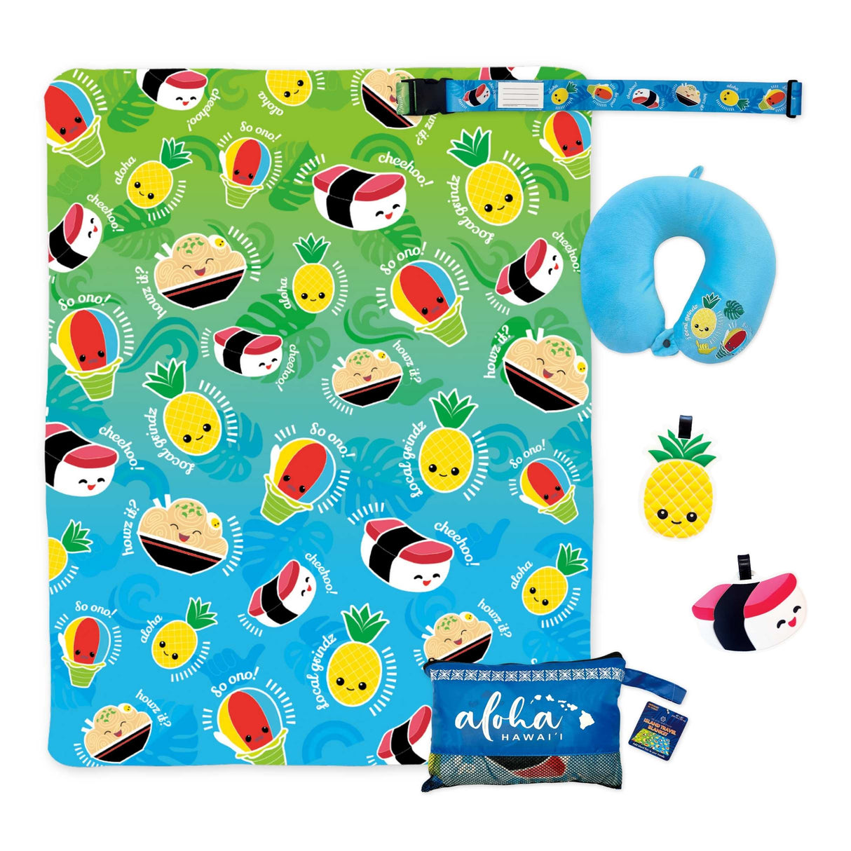 Local Grindz Travel Gift Bundle featuring island-inspired travel accessories with playful food-themed designs from Hawai‘i.