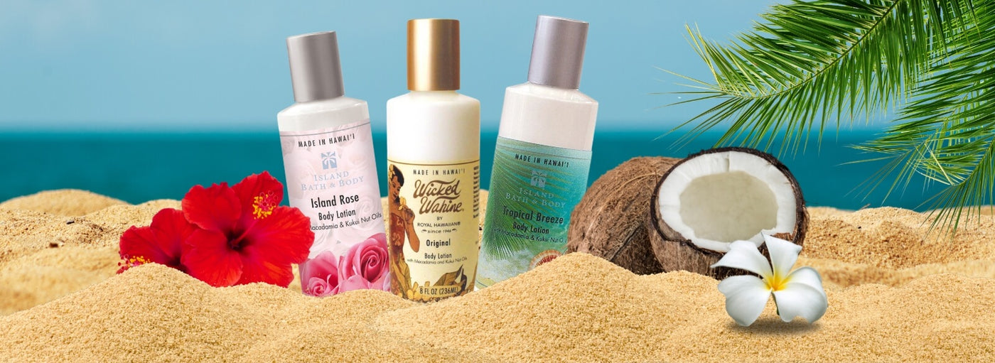 Hawaii body lotion, tropical plants and flowers, in the beach sand