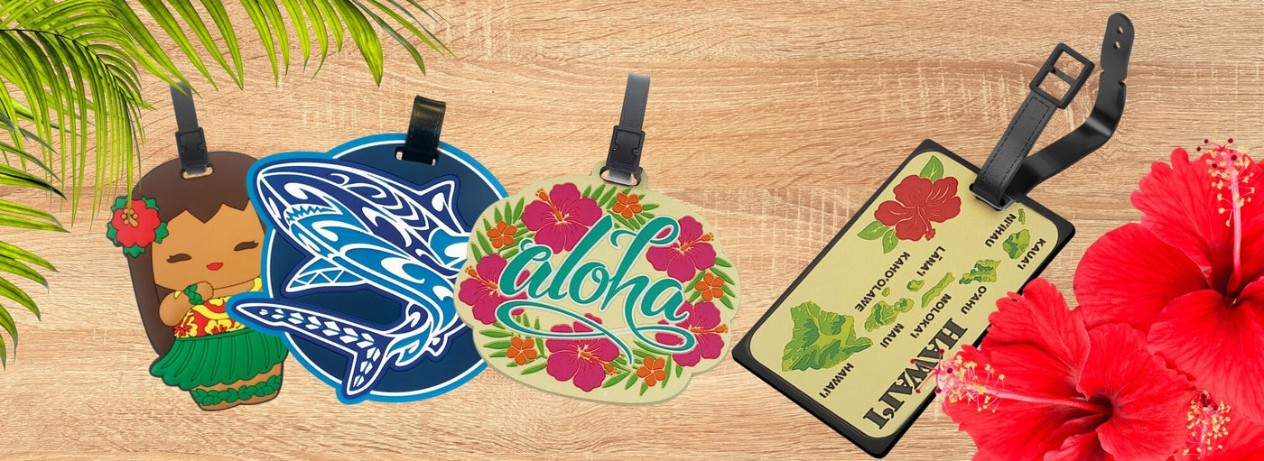 Banner with tropical plants and flowers, Hawaii hula, shark, aloha and islands map luggage tags.