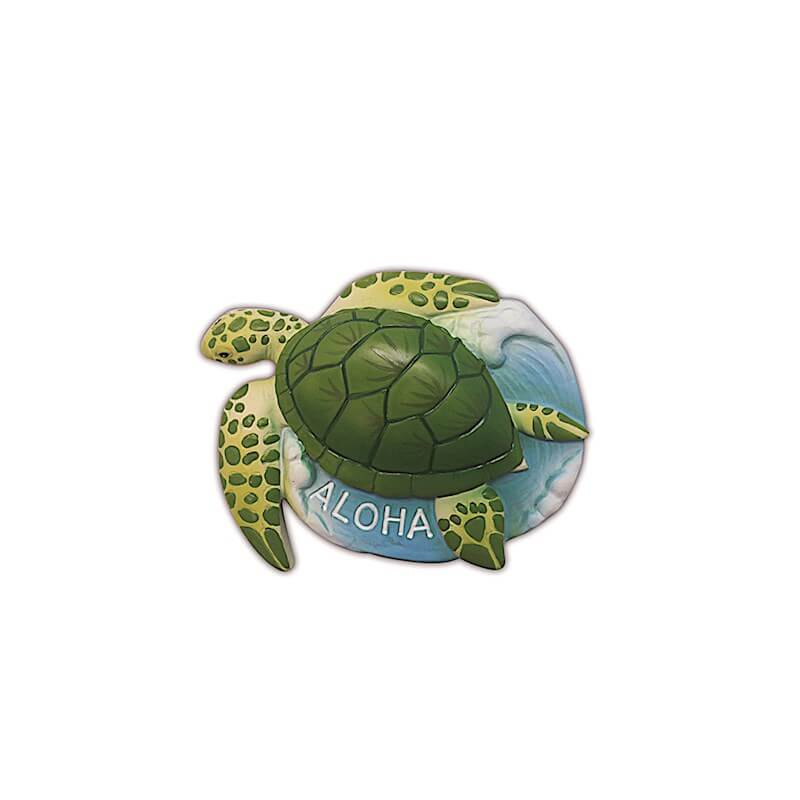 Hand Painted Polyresin Magnet featuring Honu and waves design with Aloha lettering, a beautiful tropical souvenir.