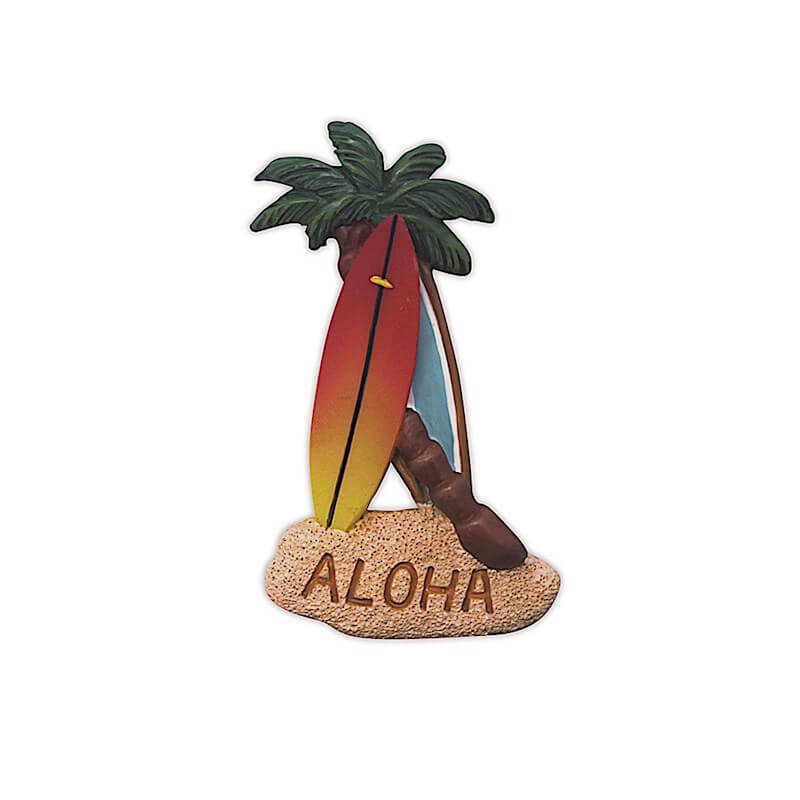 Hand Painted Polyresin Magnet featuring colorful island surfboards and Aloha design, perfect for a tropical-themed souvenir.