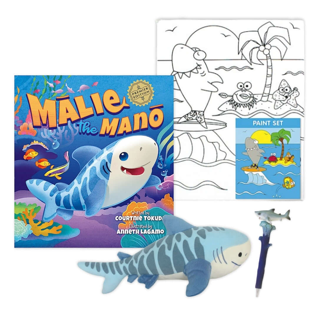 Mālie the Mano Gift Bundle featuring a charming storybook about Mālie the shark, paired with toys that bring the character's underwater adventures to life.
