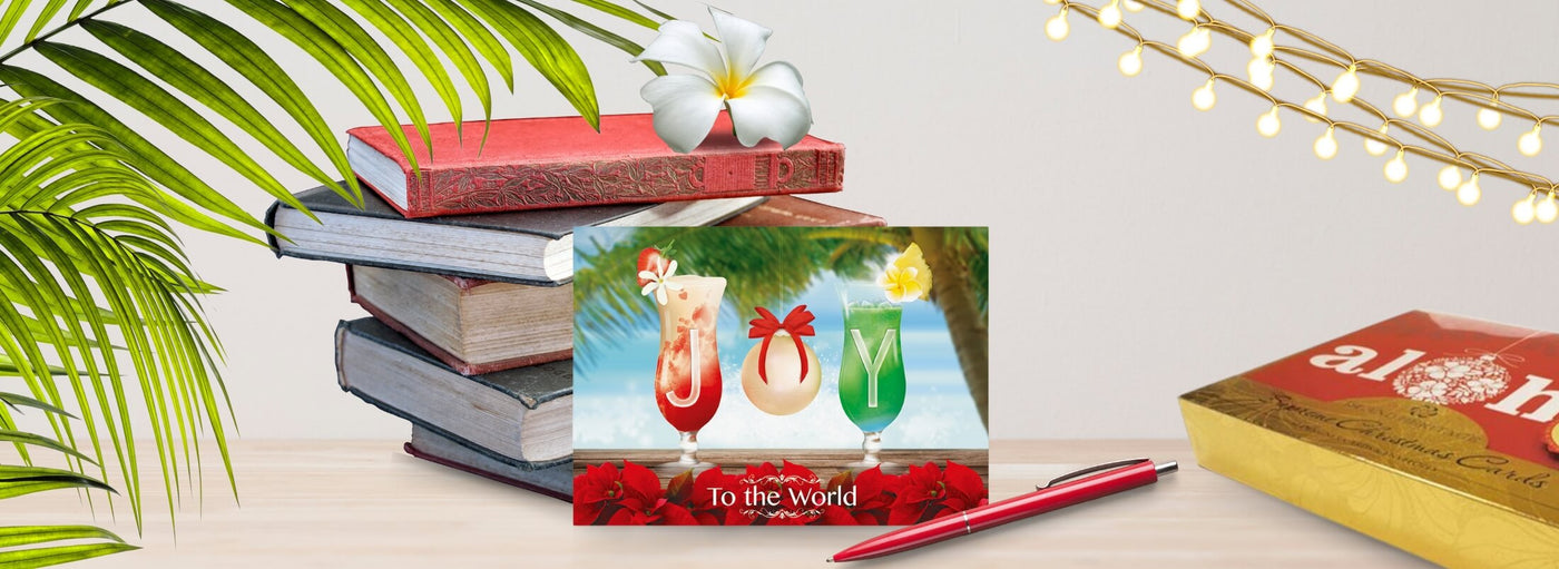 Island Heritage's Mele Kalikimaka Christmas cards collection banner, featuring vibrant Hawaiian holiday designs to spread festive cheer
