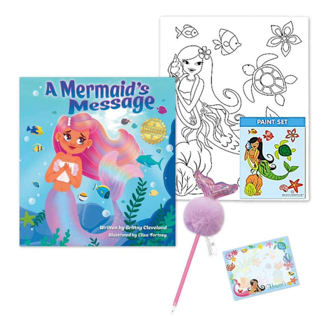 A colorful Mermaid's Message gift bundle with a book, canvas set, pom-pom pen, and sticky notes