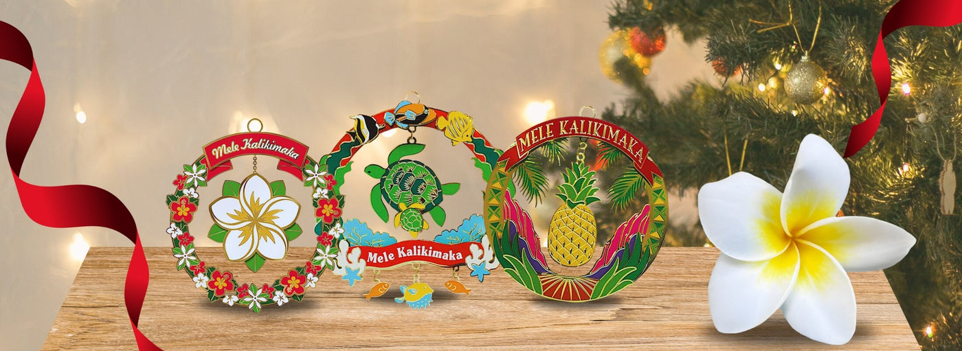 Island Heritage’s Metal Ornament Hawaii Collection banner, showcasing beautifully designed Hawaiian-inspired ornaments perfect for holiday decorations