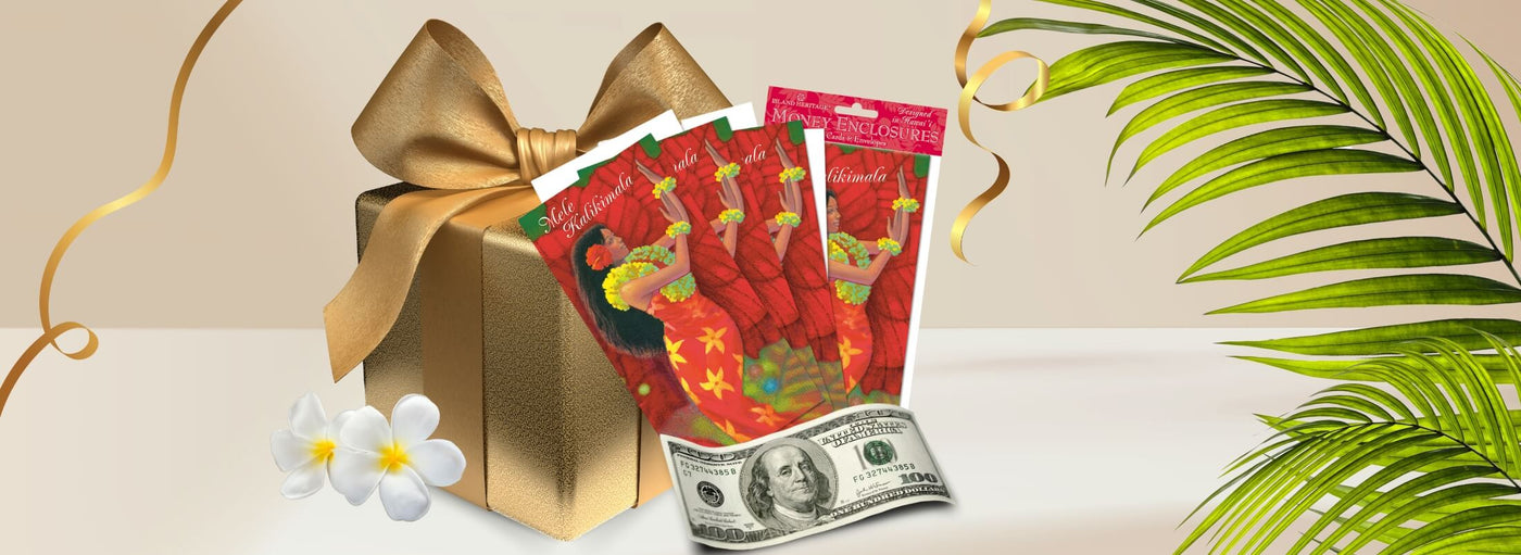 Island Heritage's money enclosure Christmas cards collection banner, featuring festive cards designed to hold holiday gifts with a tropical twist