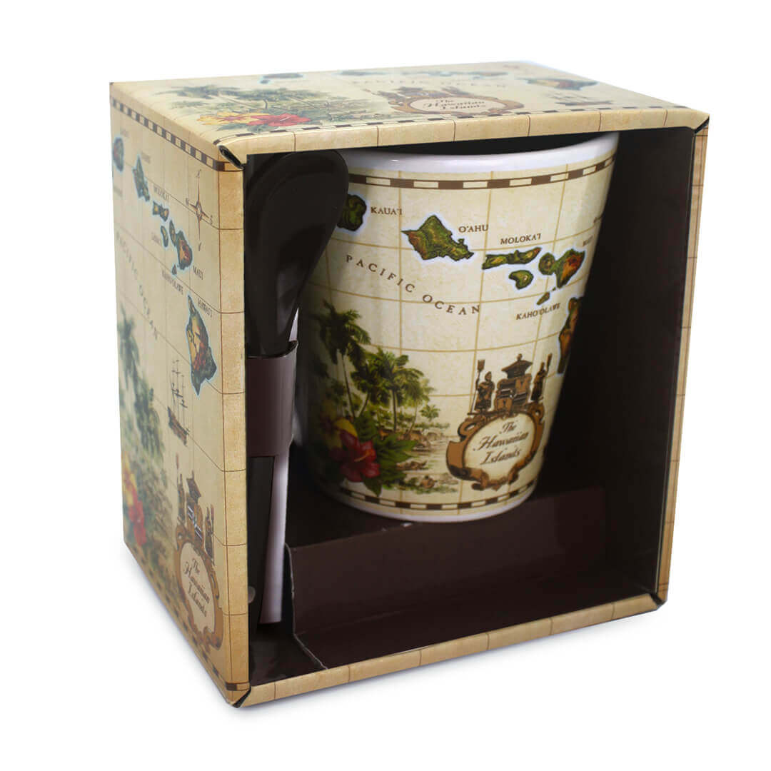 Islands of Hawaii Mug & Spoon Set, 12 oz., ideal for coffee lovers who appreciate tropical-inspired kitchenware.