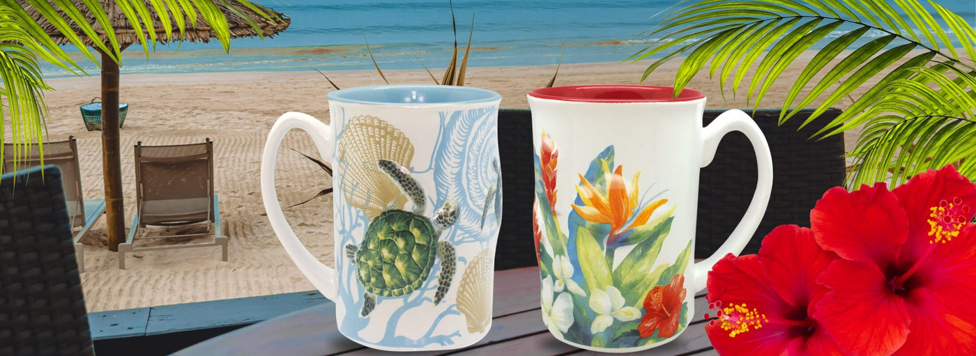 Banner with beach scene, tropical plants and flowers, Hawaii floral and turtle white mugs.