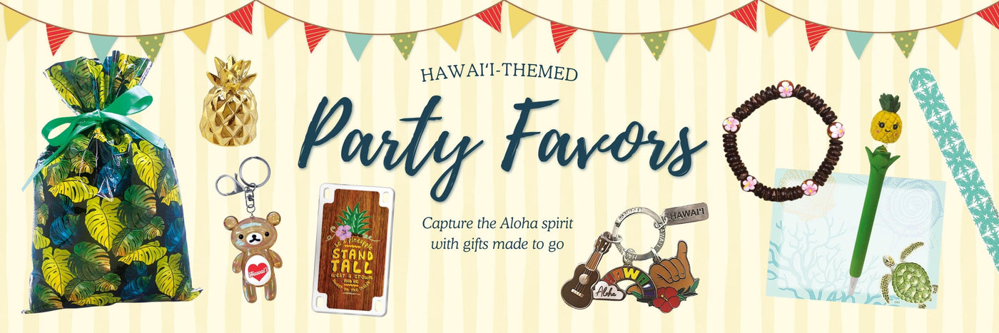 Affordable Hawaii-inspired party goodies including keychains, pens, and vibrant trinkets ideal for luau and beach parties