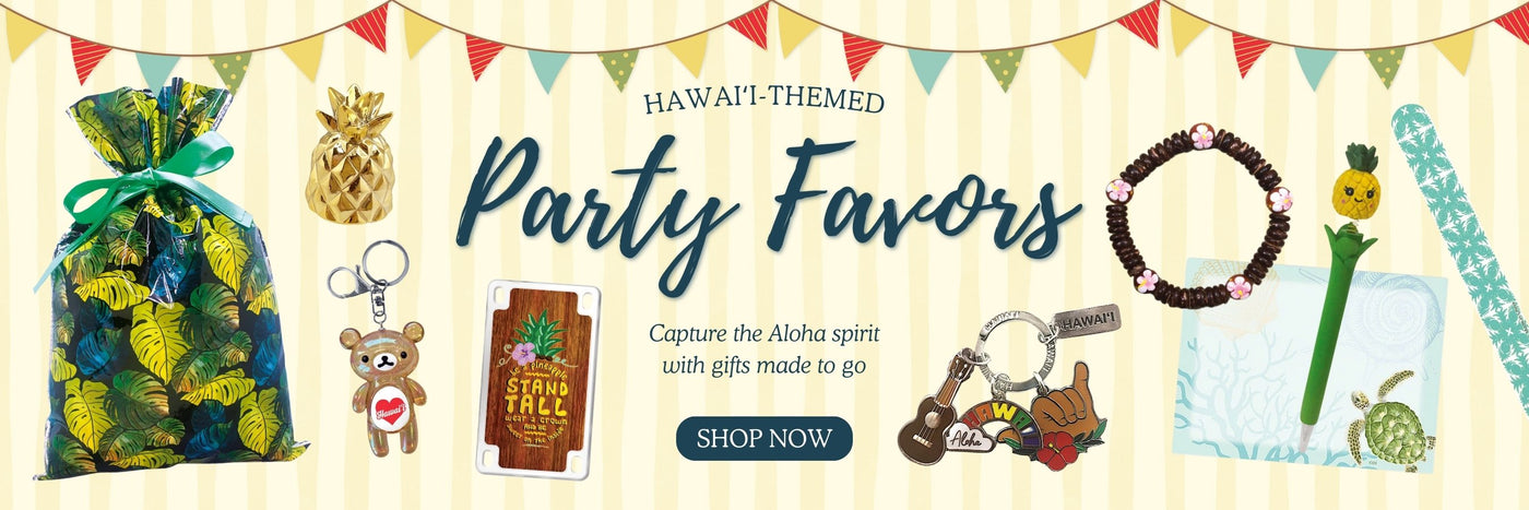 Hawaii-themed party favors featuring tropical stickers, lip glosses, colorful pens, and magnets perfect for celebrations
