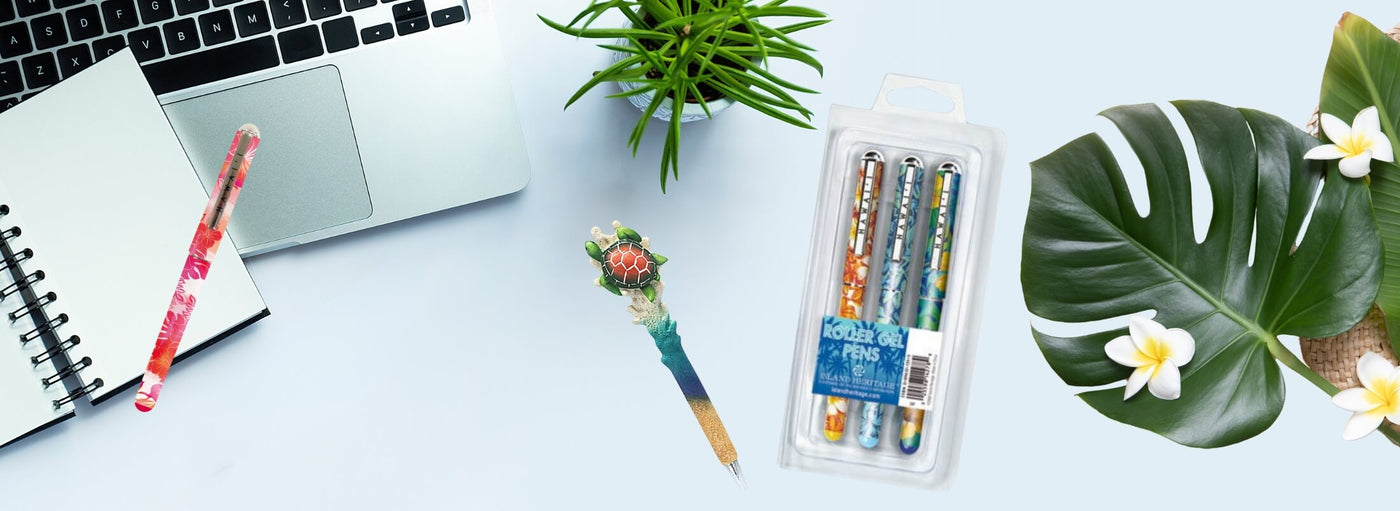 Banner displaying a laptop, open notepad, a case of Hawaii pens, a floral pen, a pen with a turtle on the top, and tropical plants.