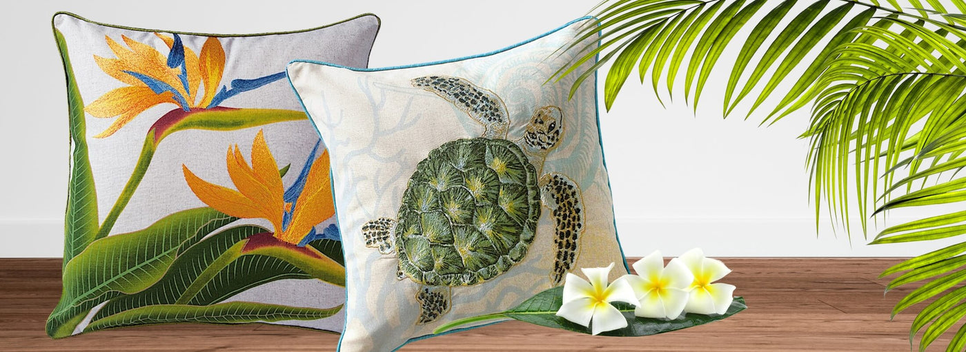 Bird of paradise square pillow and sea turtle square pillow. palm leaves and plumeria flowers banner.
