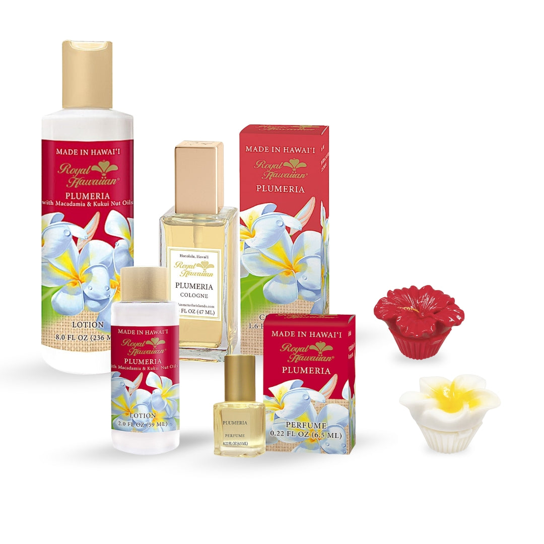 Plumeria Cologne, Lotion, and Lip Gloss Gift Bundle featuring floral-scented beauty products inspired by the islands, ideal for daily use or gifting.