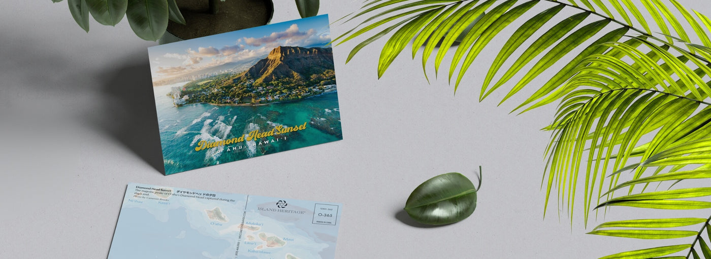 Island Heritage's Hawaii-themed postcards collection banner, showcasing scenic views and island-inspired designs