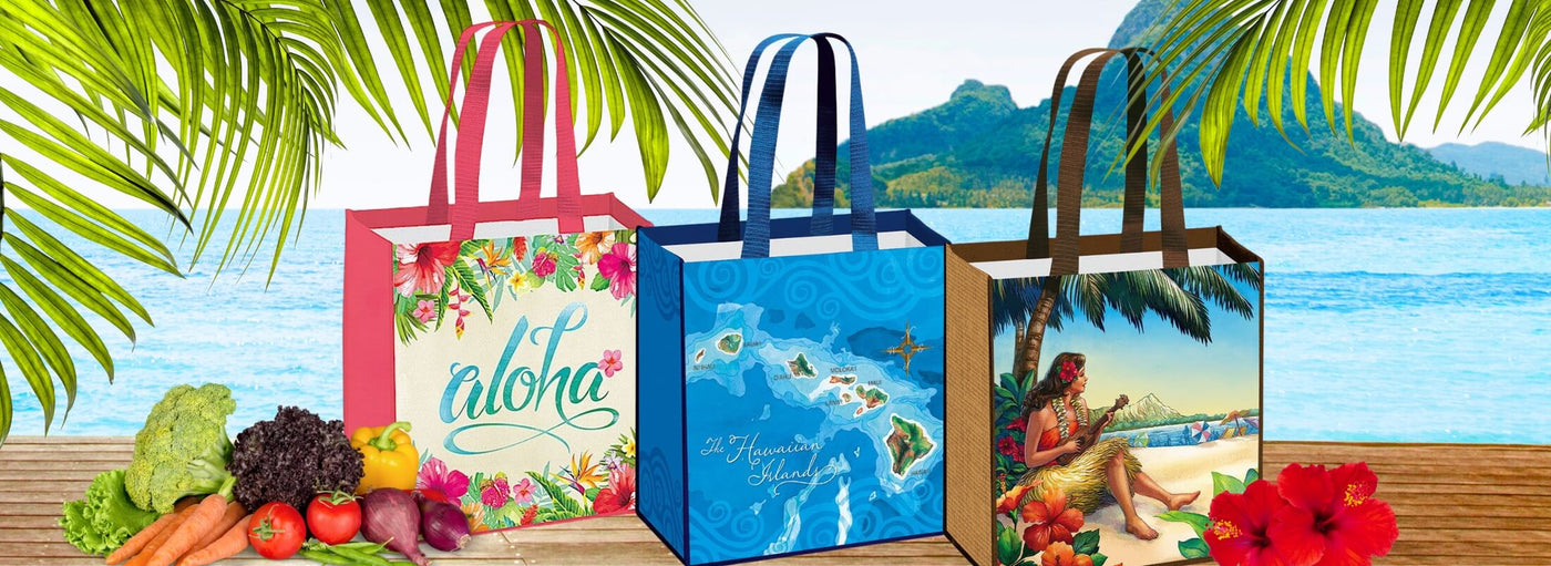 Banner of island, ocean, tropical plants, flowers, fresh vegetables. Three Hawaii tote bags with aloha, map of islands, and a hula girl playing ukulele.