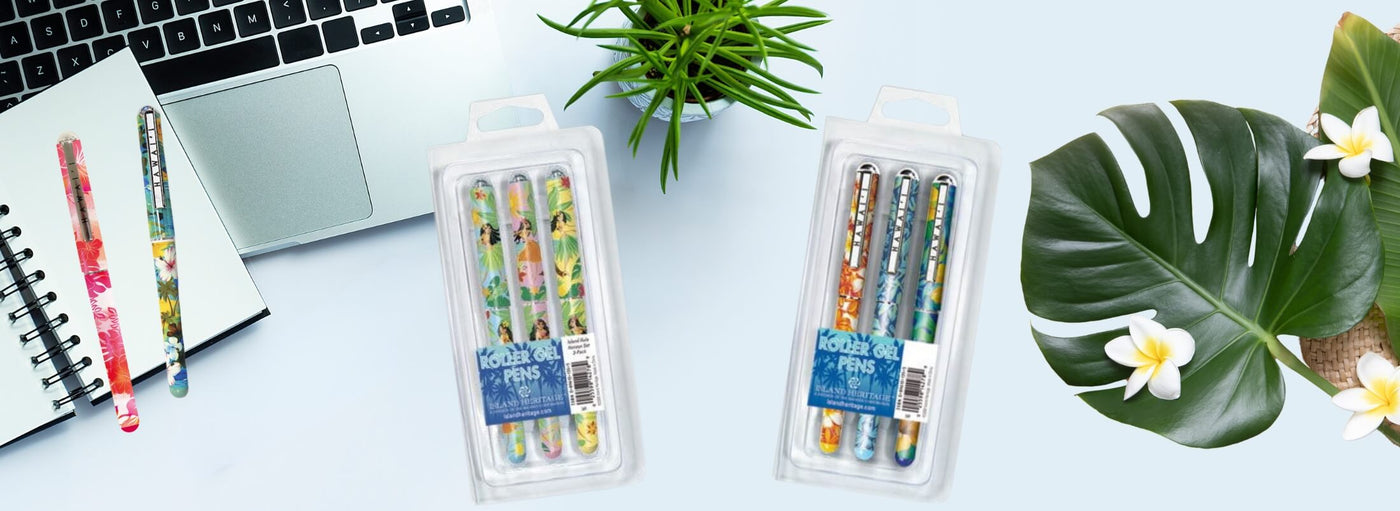 Banner with laptop, open notepad, tropical plants and flowers, two Hawaii pens and two 3 pack cases of pens.