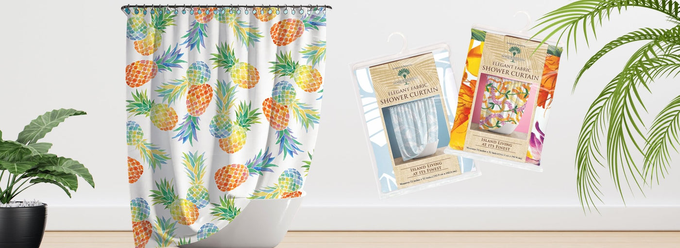 Pineapple watercolor pattern on a shower curtain and two in packages.
