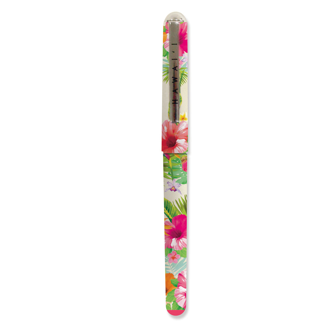 Aloha Floral-themed rollerball pen featuring vibrant tropical flowers, perfect for writing in style
