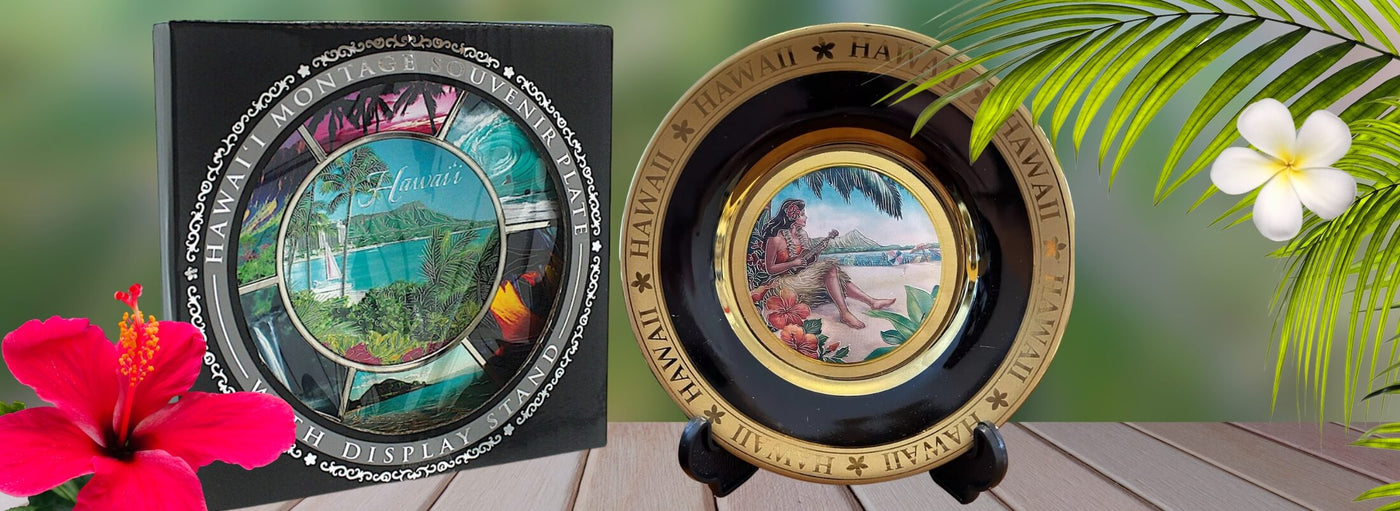 Explore the Island Heritage collection of souvenir display plates, showcasing iconic Hawaiian scenes and designs