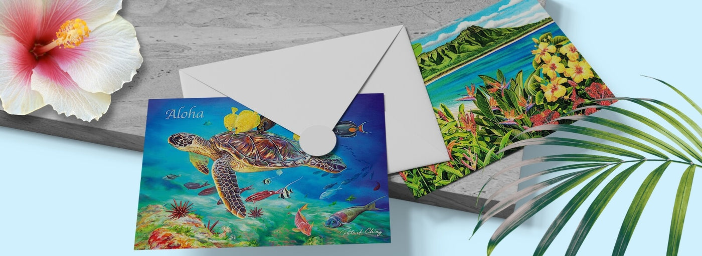 Hawaii Christmas Mele Kalikimaka banner with cards, and envelope, tropical leaves and flower.