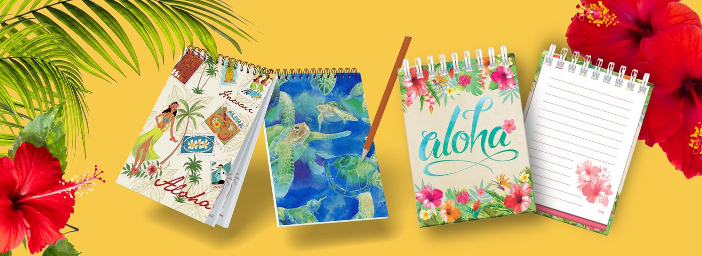 Banner with yellow background, tropical plants and flowers, a pencil and Hawaii notebooks.