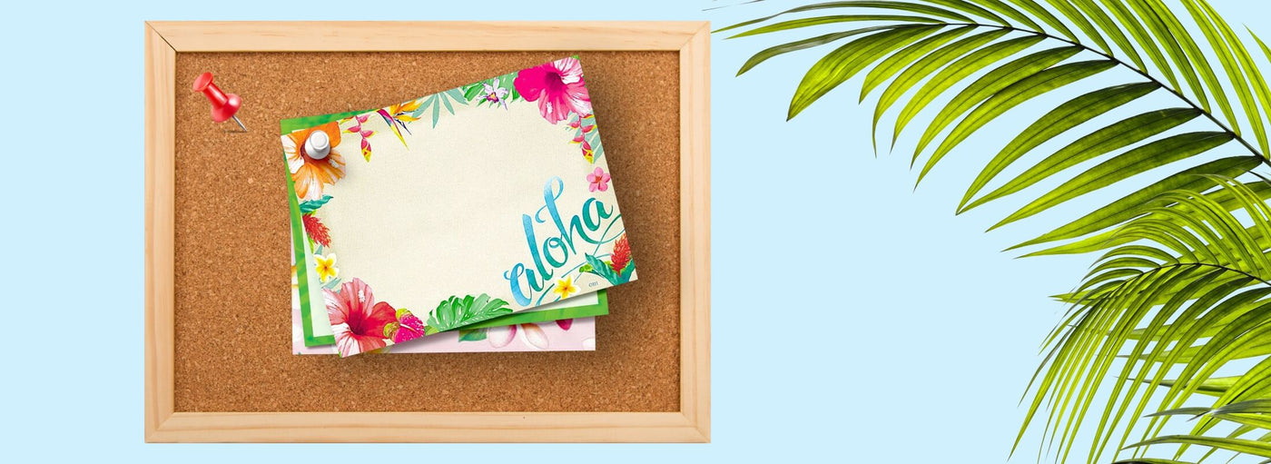 Island Heritage's Hawaii-themed Stick-n-Notes collection banner, featuring tropical designs perfect for jotting down notes with aloha