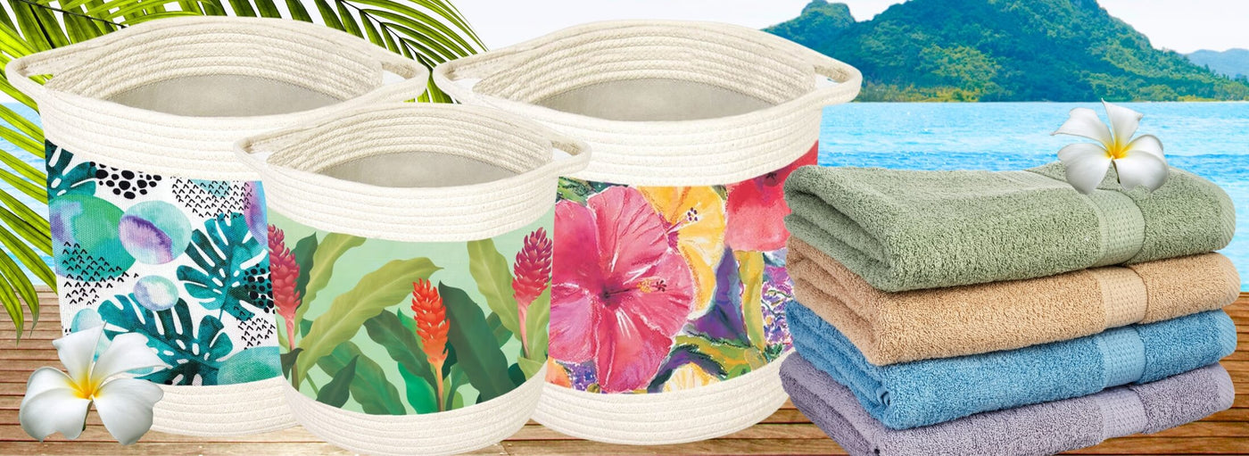 Banner with tropical plants and flowers, island, ocean, Hawaii floral woven storage buckets, folded towels.