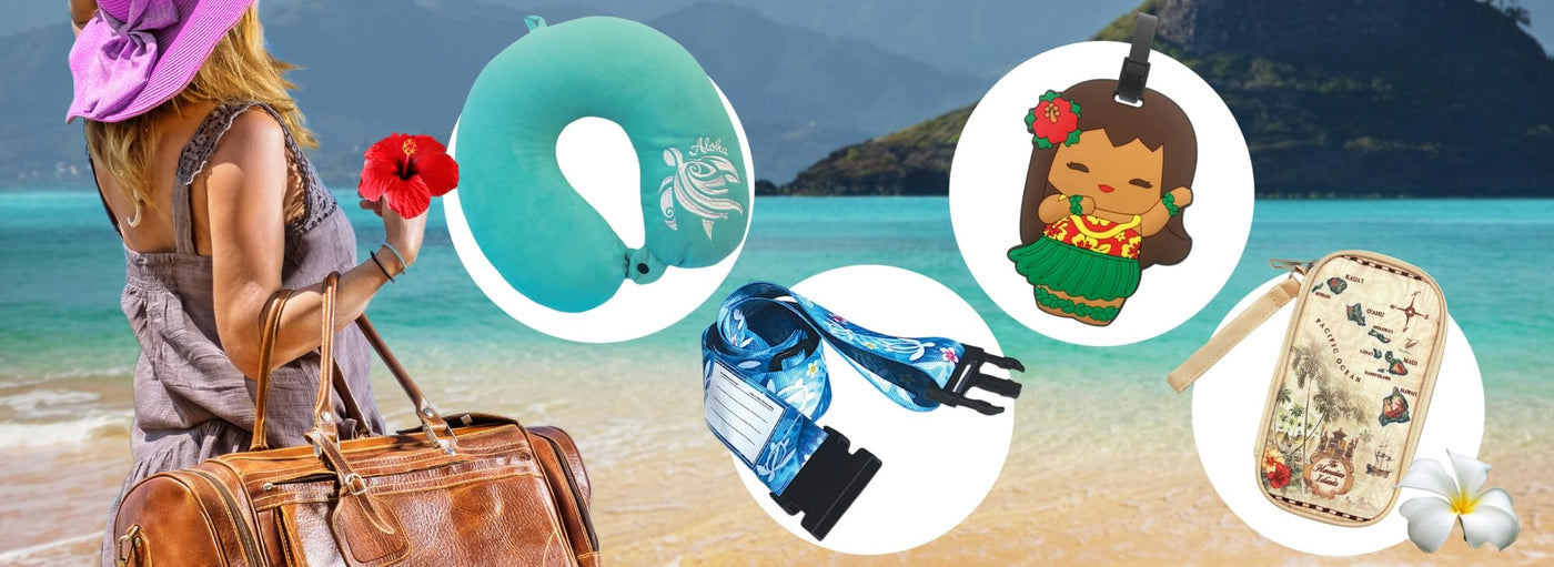 Banner with tropical flowers, island, beach, a woman with a suitcase, a teal neck pillow, luggage strap, hula girl luggage tag, islands map bag.