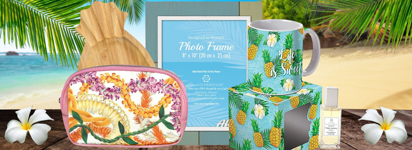 Banner with tropical plants and flowers, beach, photo frame, Hawaii life is sweet pineapple mug and package, perfume, wooden serving tray, lei bag.
