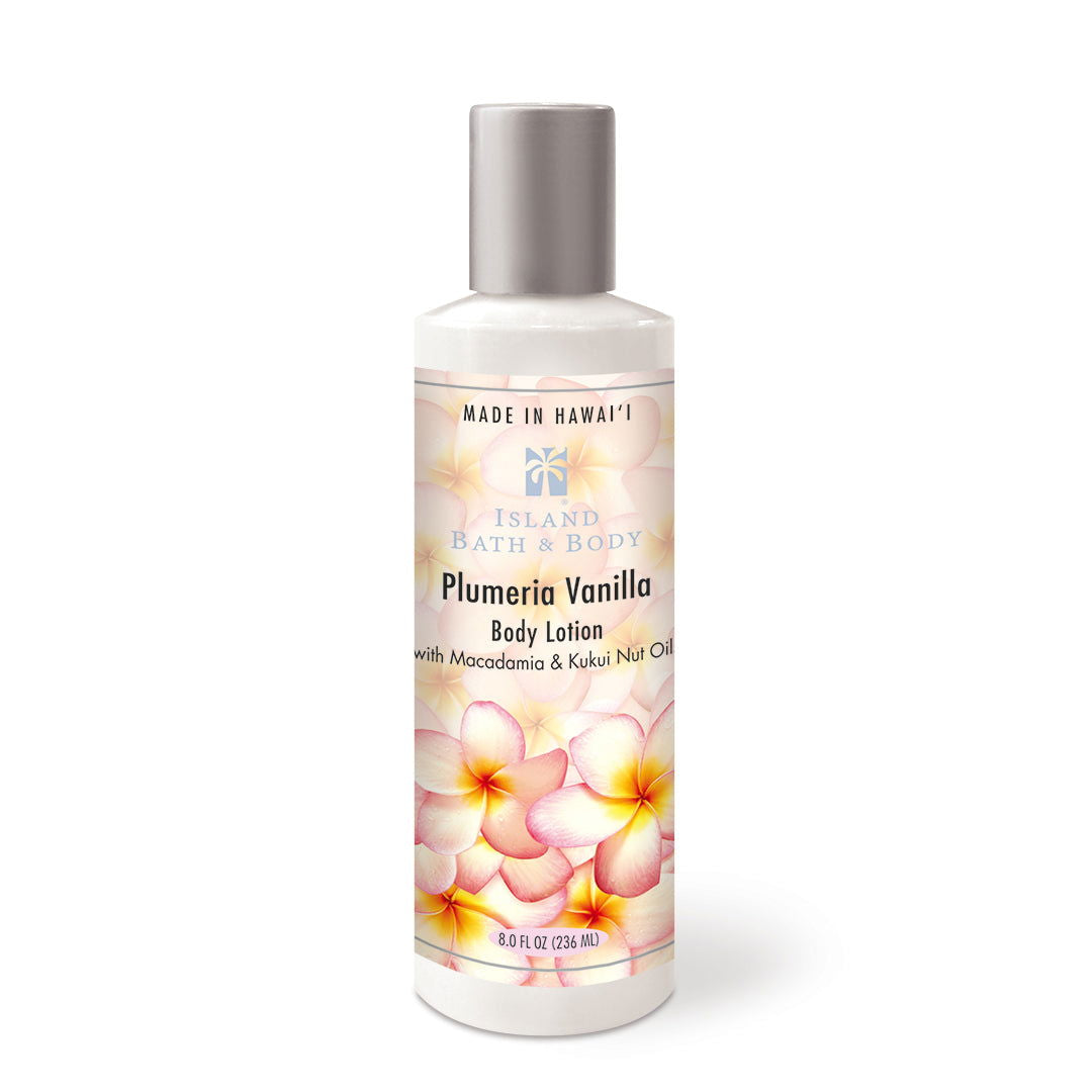 Plumeria Vanilla Classic Lotion enriched with aloe vera and macadamia oils.