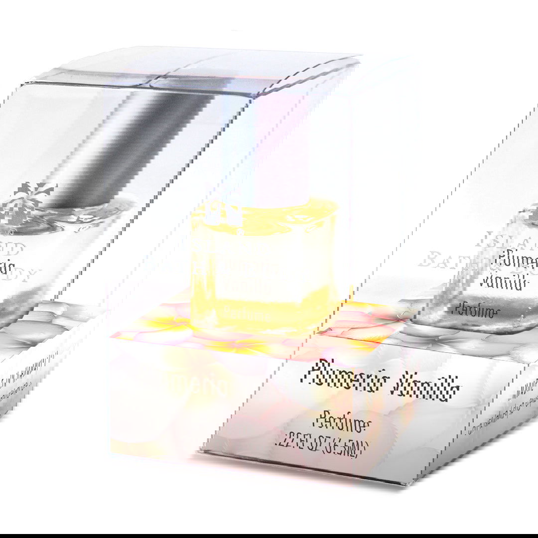 Hawaiian Plumeria Vanilla Perfume in elegant gift box packaging.